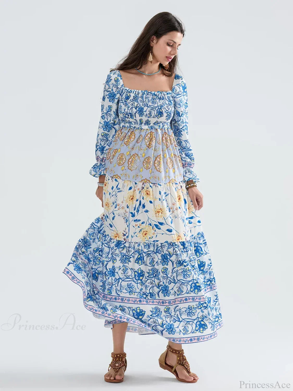Patchwork Floral Bohemian Off-Shoulder Puff Sleeve Ruffled Vacation Beach Dress image 8