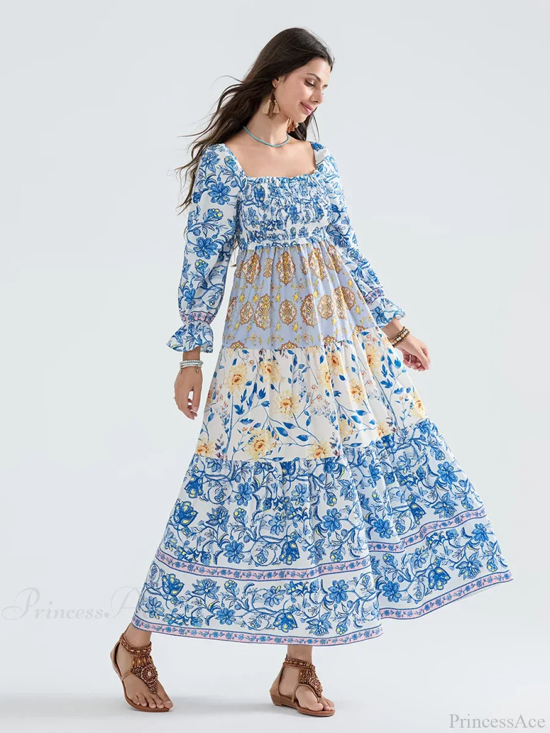 Patchwork Floral Bohemian Off-Shoulder Puff Sleeve Ruffled Vacation Beach Dress image 2