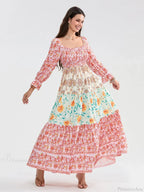 Patchwork Floral Bohemian Off-Shoulder Puff Sleeve Ruffled Vacation Beach Dress image 3