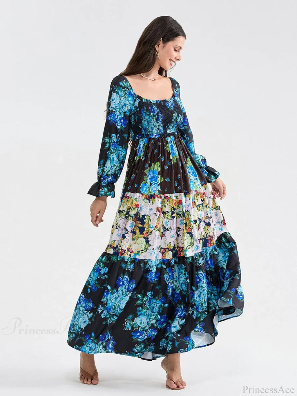 Patchwork Floral Bohemian Off-Shoulder Puff Sleeve Ruffled Vacation Beach Dress image 5