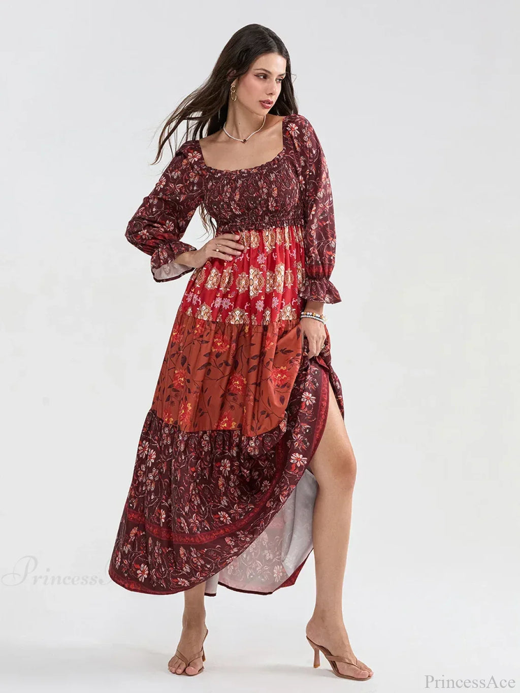 Patchwork Floral Bohemian Off-Shoulder Puff Sleeve Ruffled Vacation Beach Dress image 6