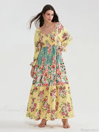 Patchwork Floral Bohemian Off-Shoulder Puff Sleeve Ruffled Vacation Beach Dress image 1