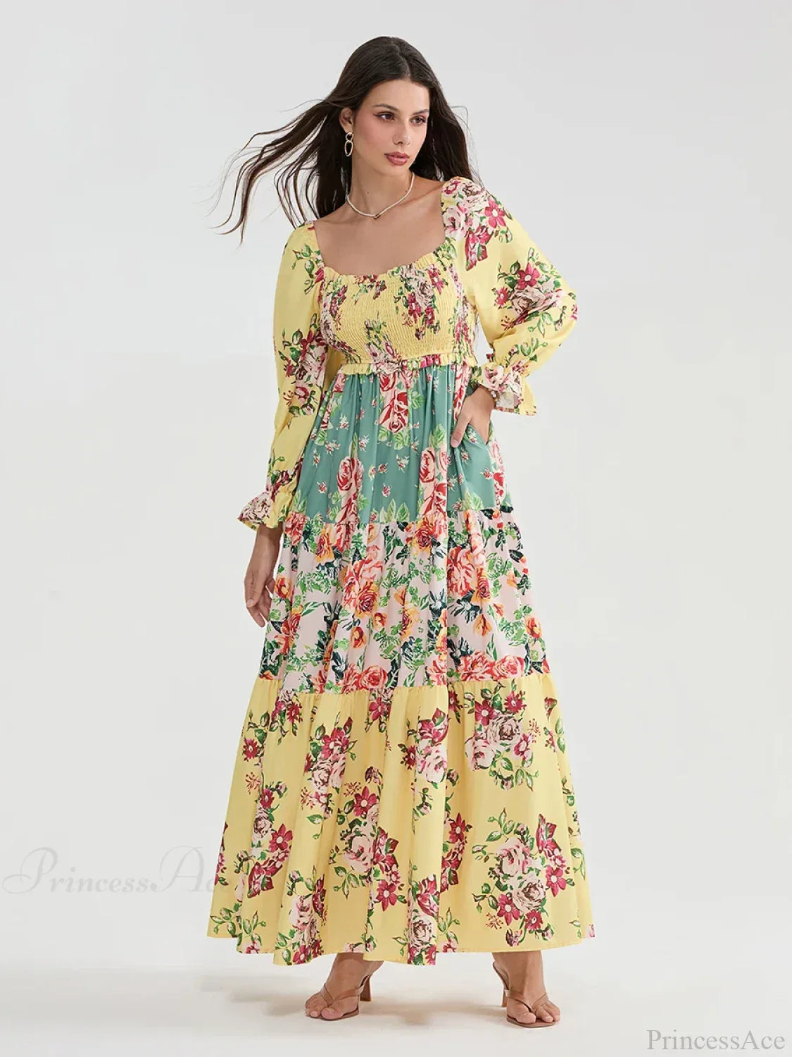Patchwork Floral Bohemian Off-Shoulder Puff Sleeve Ruffled Vacation Beach Dress image 1