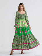 Patchwork Floral Bohemian Off-Shoulder Puff Sleeve Ruffled Vacation Beach Dress image 10