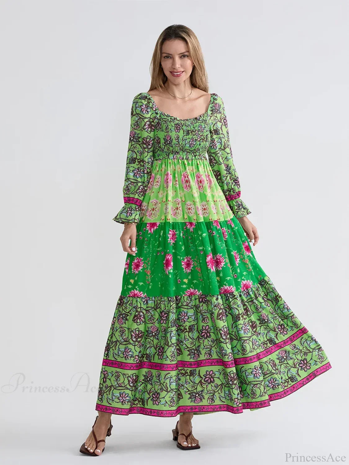 Patchwork Floral Bohemian Off-Shoulder Puff Sleeve Ruffled Vacation Beach Dress image 10