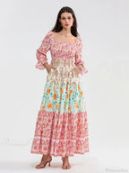 Patchwork Floral Bohemian Off-Shoulder Puff Sleeve Ruffled Vacation Beach Dress image 13