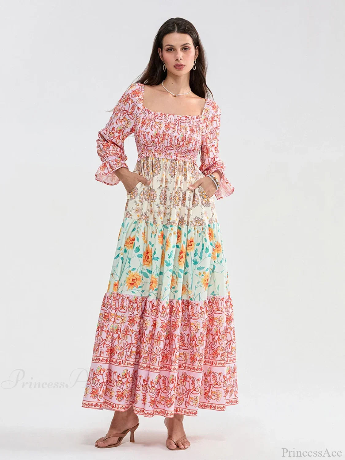 Patchwork Floral Bohemian Off-Shoulder Puff Sleeve Ruffled Vacation Beach Dress image 13