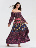 Patchwork Floral Bohemian Off-Shoulder Puff Sleeve Ruffled Vacation Beach Dress image 4