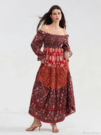 Patchwork Floral Bohemian Off-Shoulder Puff Sleeve Ruffled Vacation Beach Dress image 9