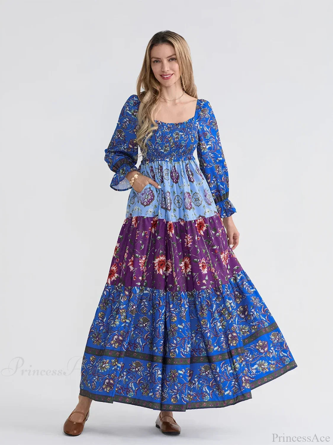 Patchwork Floral Bohemian Off-Shoulder Puff Sleeve Ruffled Vacation Beach Dress image 12