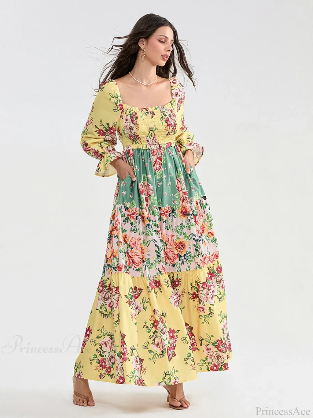 Patchwork Floral Bohemian Off-Shoulder Puff Sleeve Ruffled Vacation Beach Dress image 11