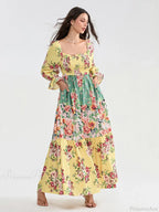Patchwork Floral Bohemian Off-Shoulder Puff Sleeve Ruffled Vacation Beach Dress image 11