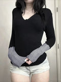 Patchwork Knitted Slim O-Neck Long Sleeve Knit Top image 1