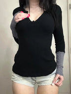 Patchwork Knitted Slim O-Neck Long Sleeve Knit Top image 2