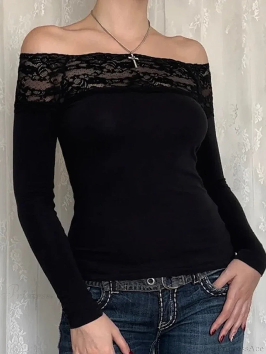 Patchwork Lace Cropped Slim Slash Neck Long Sleeve Knit Top image 1
