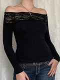 Patchwork Lace Cropped Slim Slash Neck Long Sleeve Knit Top image 1