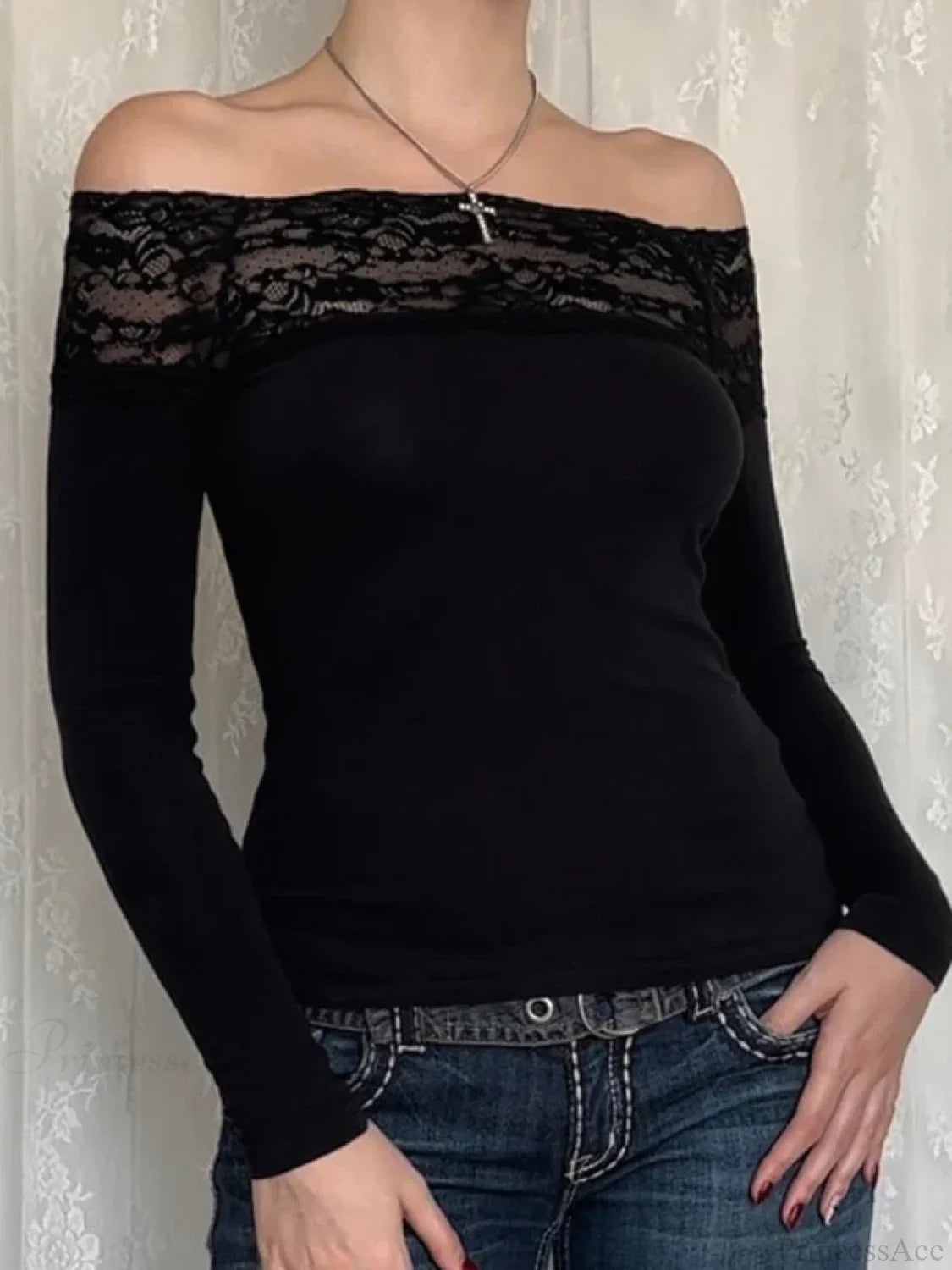 Patchwork Lace Cropped Slim Slash Neck Long Sleeve Knit Top image 1