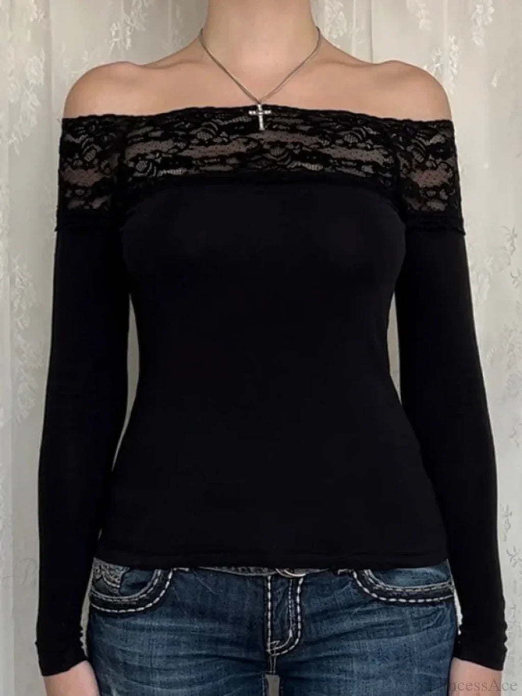 Patchwork Lace Cropped Slim Slash Neck Long Sleeve Knit Top image 2