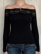 Patchwork Lace Cropped Slim Slash Neck Long Sleeve Knit Top image 2