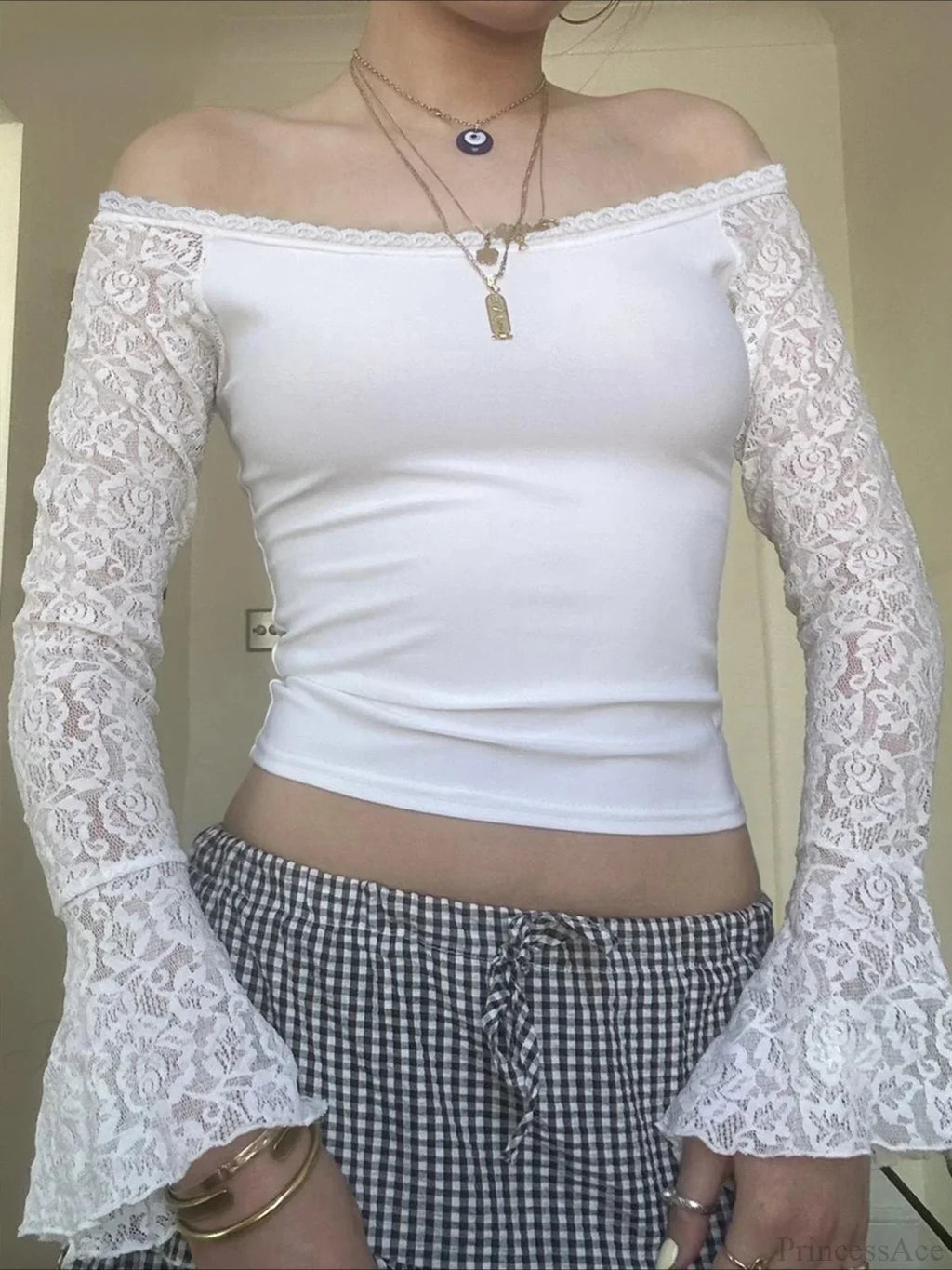 Patchwork Lace Slim Slash Neck Flare Sleeve Long Sleeve Knit Top image 1