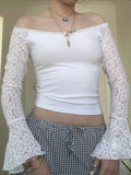 Patchwork Lace Slim Slash Neck Flare Sleeve Long Sleeve Knit Top image 1