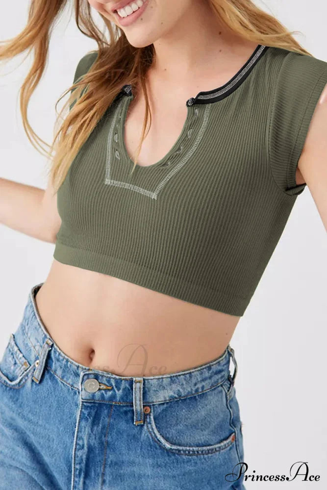 Patchwork Neck U Solid T-Shirt image 35