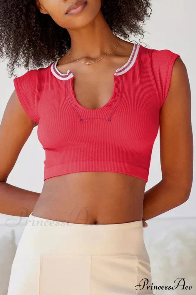 Patchwork Neck U Solid T-Shirt image 30