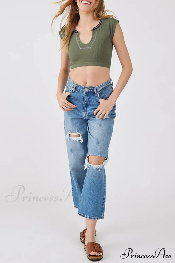 Patchwork Neck U Solid T-Shirt image 24