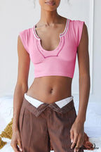 Patchwork Neck U Solid T-Shirt image 21