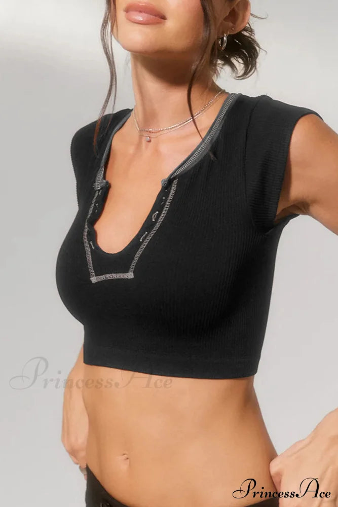 Patchwork Neck U Solid T-Shirt image 5