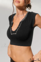 Patchwork Neck U Solid T-Shirt image 5