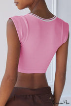 Patchwork Neck U Solid T-Shirt image 22