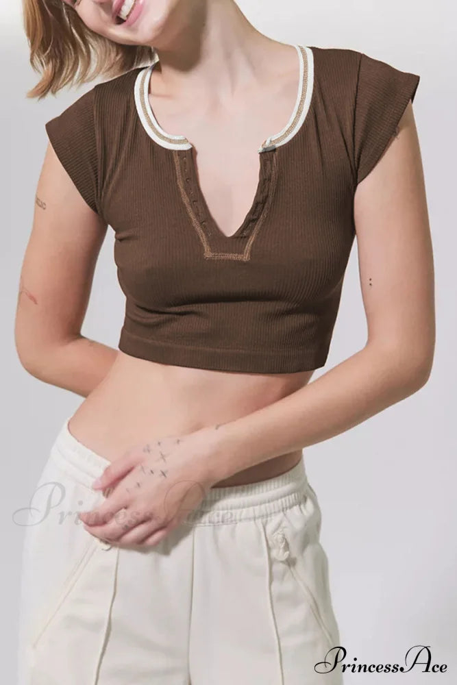 Patchwork Neck U Solid T-Shirt image 2