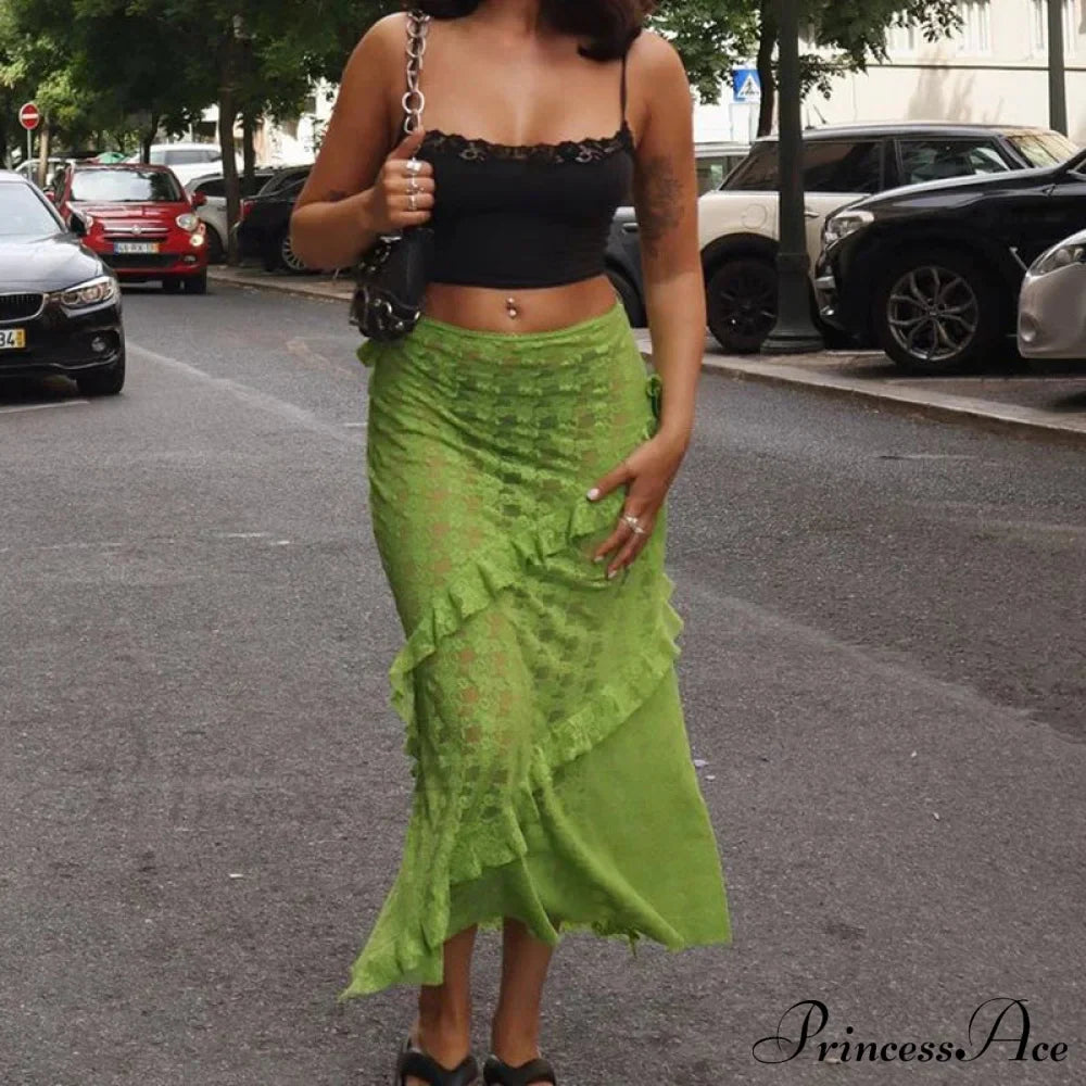 Patchwork Party Lace Ruffled See-Through Maxi Skirt image 1