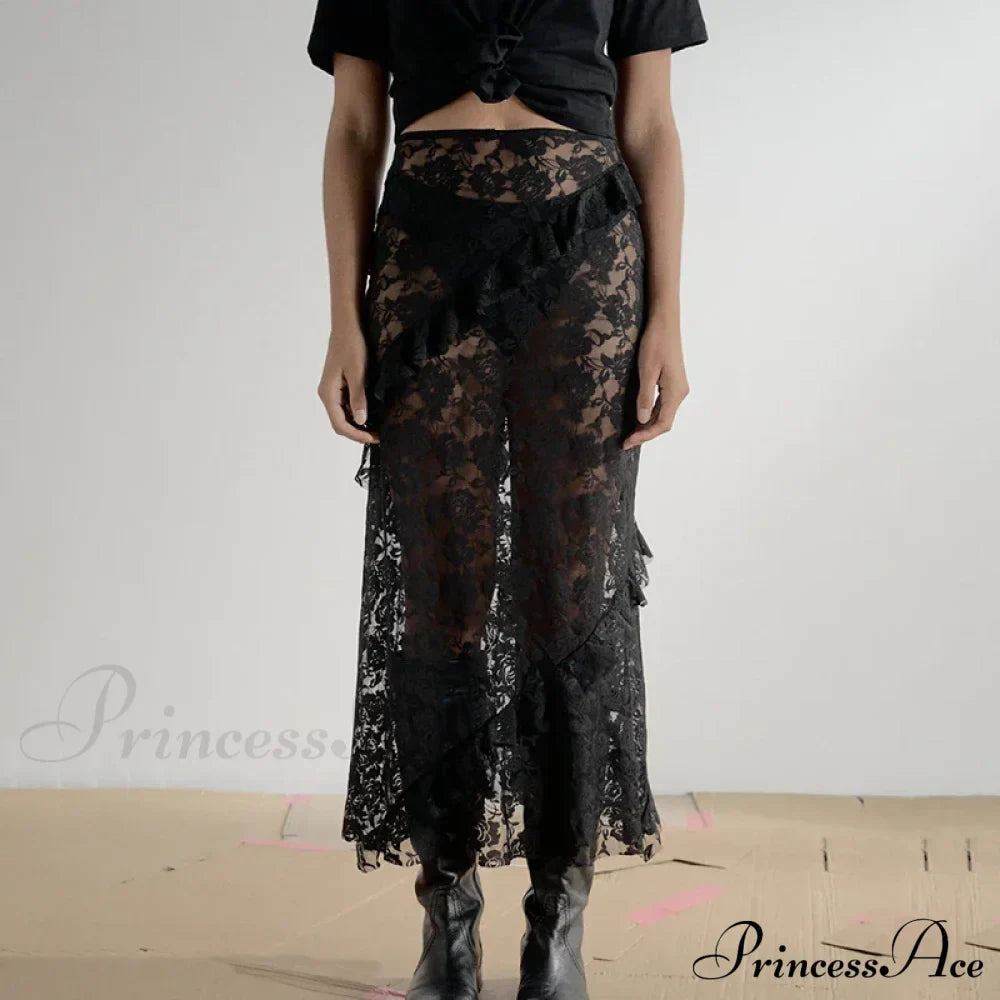 Patchwork Party Lace Ruffled See-Through Maxi Skirt image 2