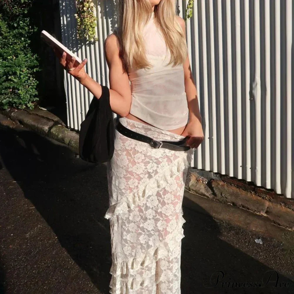 Patchwork Party Lace Ruffled See-Through Maxi Skirt image 6