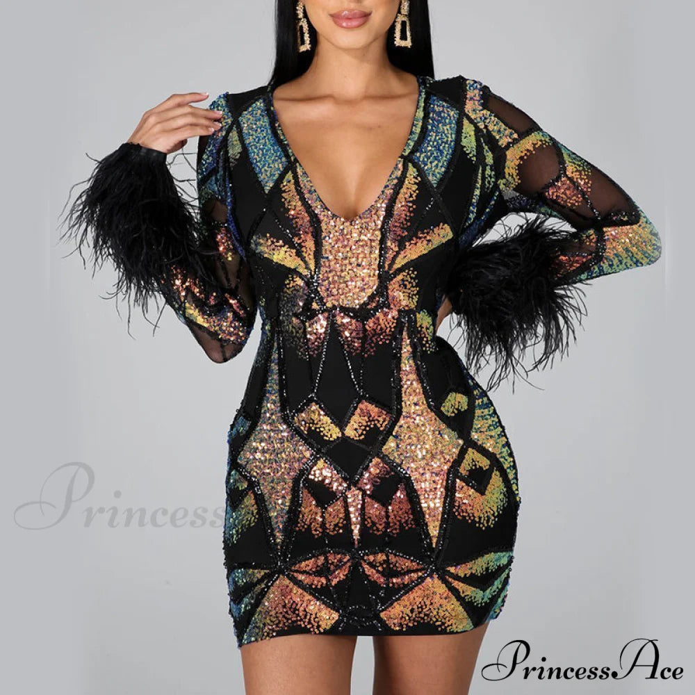 Patchwork Print Skinny Ostrich Feather Sequins Party Dress image 5