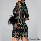 Patchwork Print Skinny Ostrich Feather Sequins Party Dress image 3