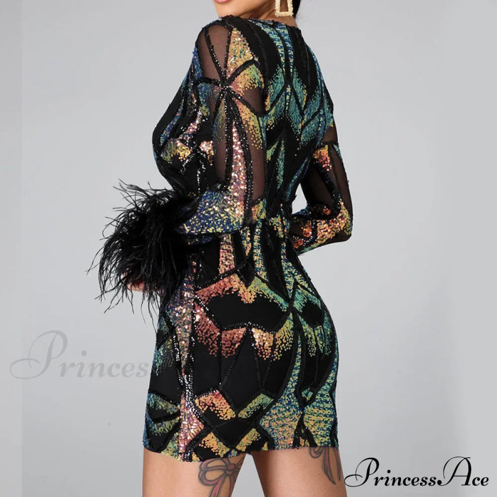 Patchwork Print Skinny Ostrich Feather Sequins Party Dress image 3