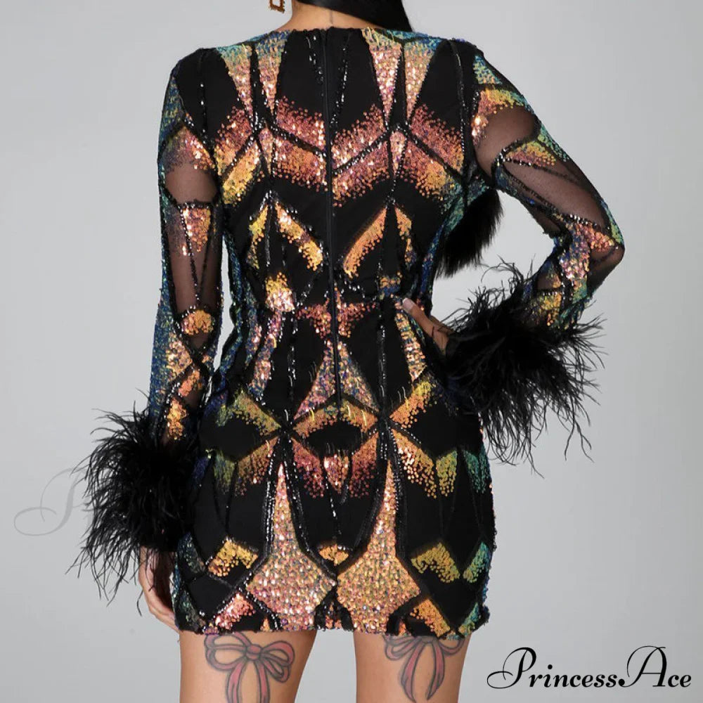 Patchwork Print Skinny Ostrich Feather Sequins Party Dress image 4