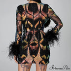 Patchwork Print Skinny Ostrich Feather Sequins Party Dress image 4