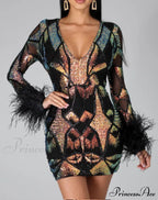 Patchwork Print Skinny Ostrich Feather Sequins Party Dress image 1