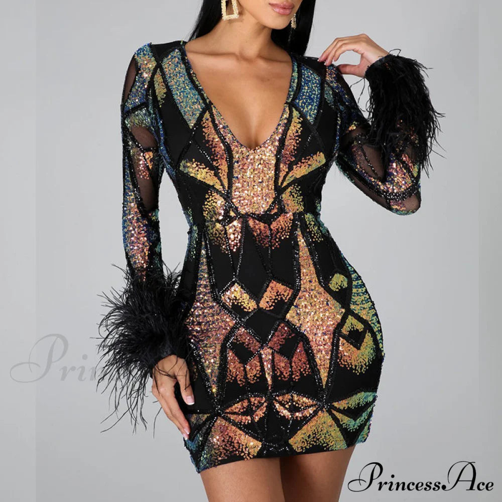 Patchwork Print Skinny Ostrich Feather Sequins Party Dress image 2