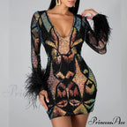 Patchwork Print Skinny Ostrich Feather Sequins Party Dress image 2