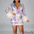 Patchwork Print Skinny Ostrich Feather Sequins Party Dress image 7