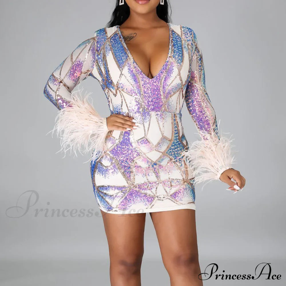 Patchwork Print Skinny Ostrich Feather Sequins Party Dress image 7