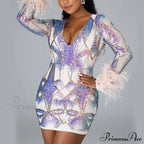 Patchwork Print Skinny Ostrich Feather Sequins Party Dress image 8