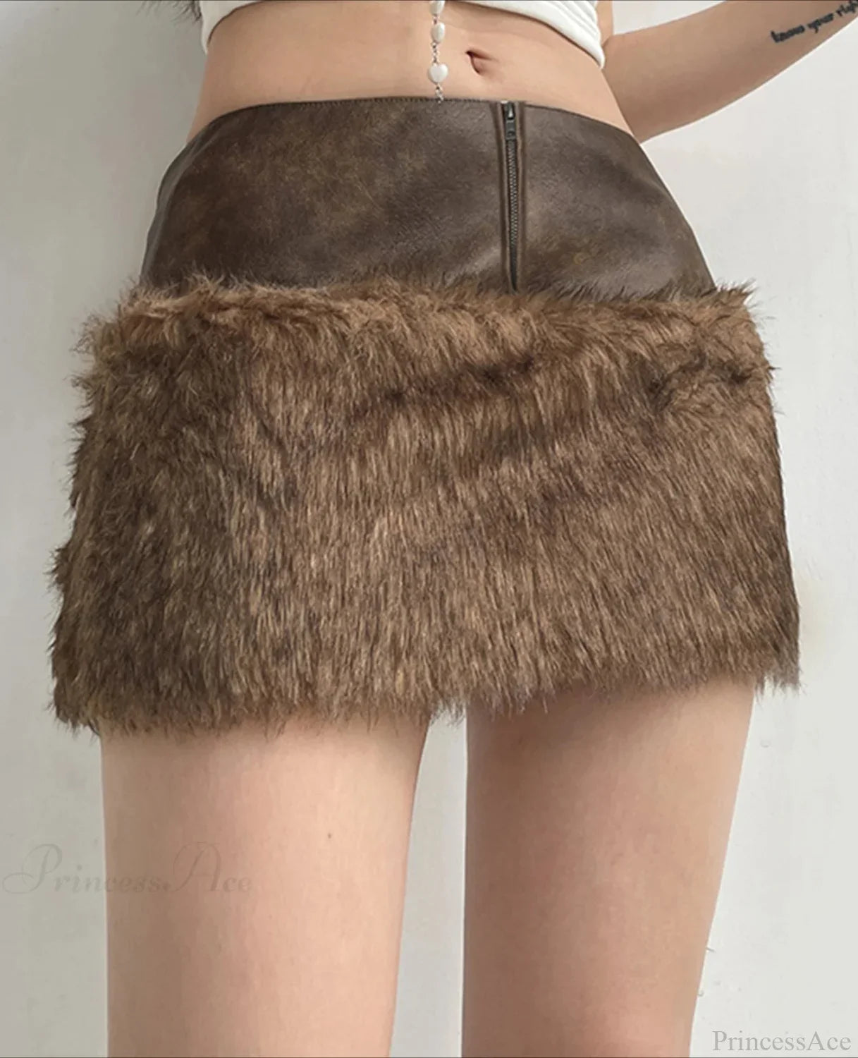 Patchwork PU Leather Furry Skirt image 1