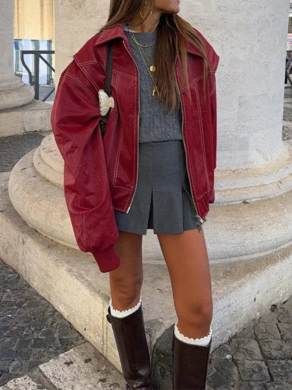 Patchwork PU Leather Short Coat image 2