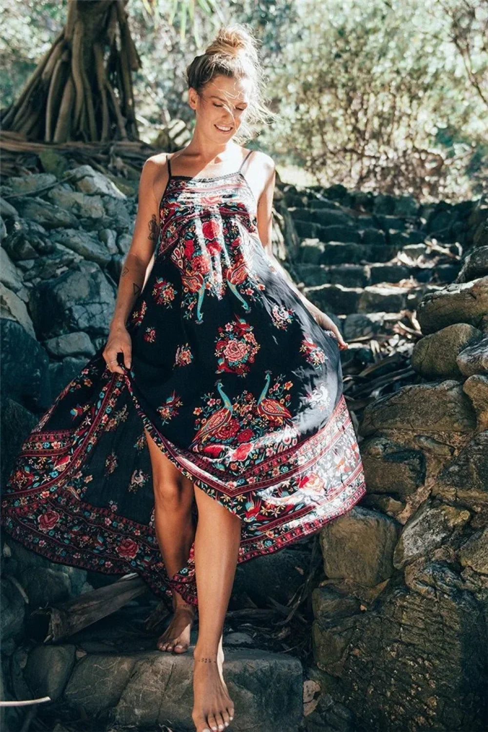 Peacock Floral Print Sleeveless Beach Bohemian Maxi Boho Dress image 6
